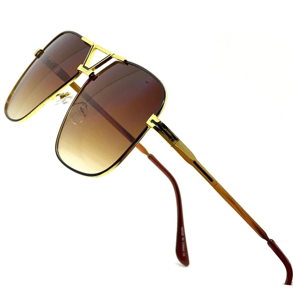 Men Sunglasses Brown Lens Rectangular Gold Frame Classy Street Wear Lentes Gafas
